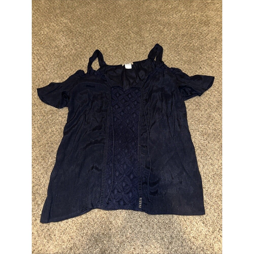 Ivy Ridge Womens Blouse Blue Short Sleeve Strap Stretch Hem Crochet Boho Size XL